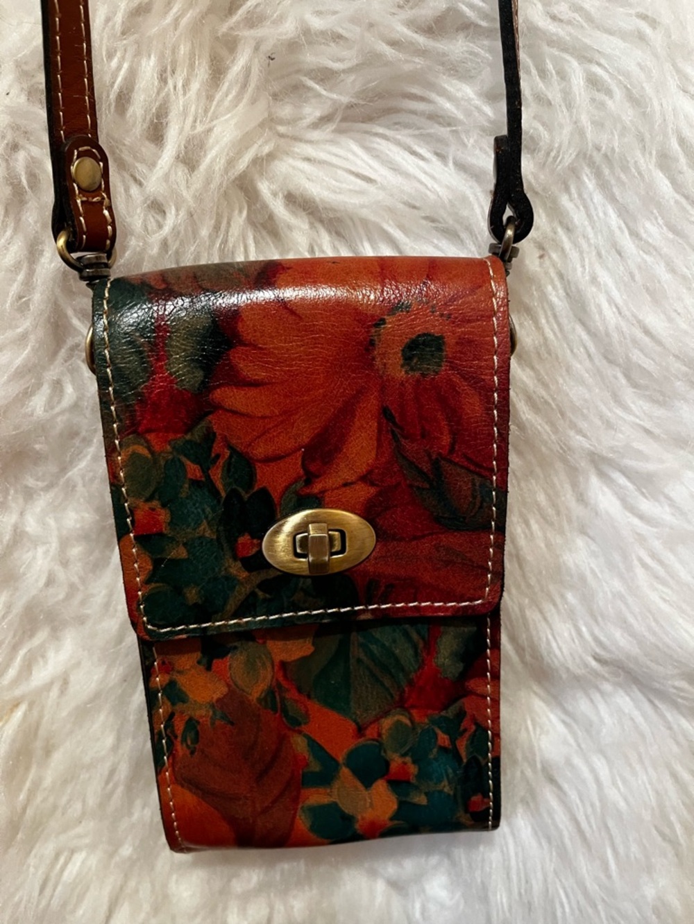 Patricia Nash Floral Orange and Green Leather Crossbody Pouch - Picture 2 of 2